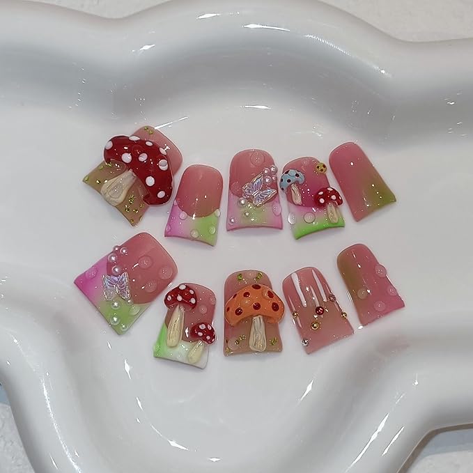 Duckbill Coffin Ballerina Shape Fake Nails,Ombre French Tips Press on Nails 10 Pcs with Tool Kit,3D Butterfly Mushroom Embossed Design Glue on Nails with Pearl & Rhinestone Cute Fake Nails(M)