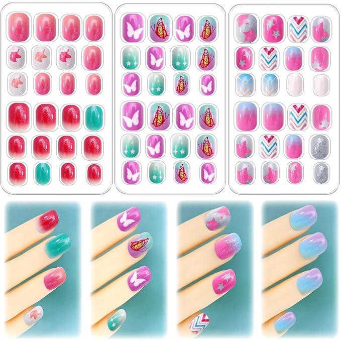 96Pcs 4 Packs Cute Short Press on Nails for Girls 4 Styles 12 Sizes Press on Nails for Kids Press ons with Butterfly Unicorn Star Aurora Designs Full Cover Acrylic Nails for Little Girl Gift Manicure