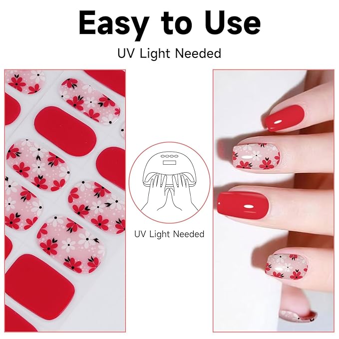 Semi Cured Gel Nail Strips (Red), 28 pcs Gel Nail Stickers, Work with Any UV Lights, Long-Lasting NailWraps for Women DIY Gift, Salon-Quality, Easy to Apply & Remove