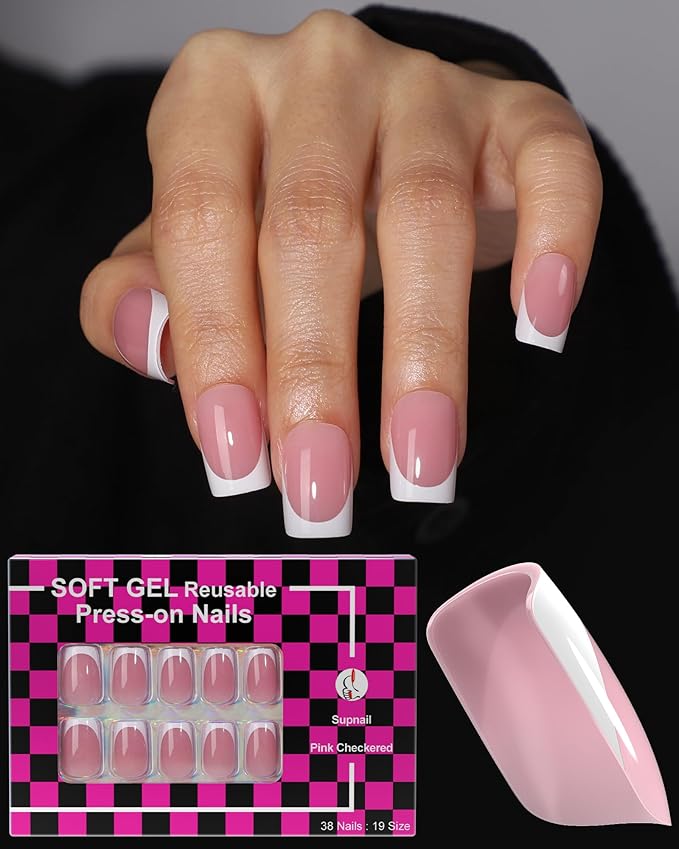 Press on Nails,French tip Short Square, 19 Sizes, 38 Pieces,Fake Nails with Brush-on Glue & Adhesive Tabs (Pink French Tip)