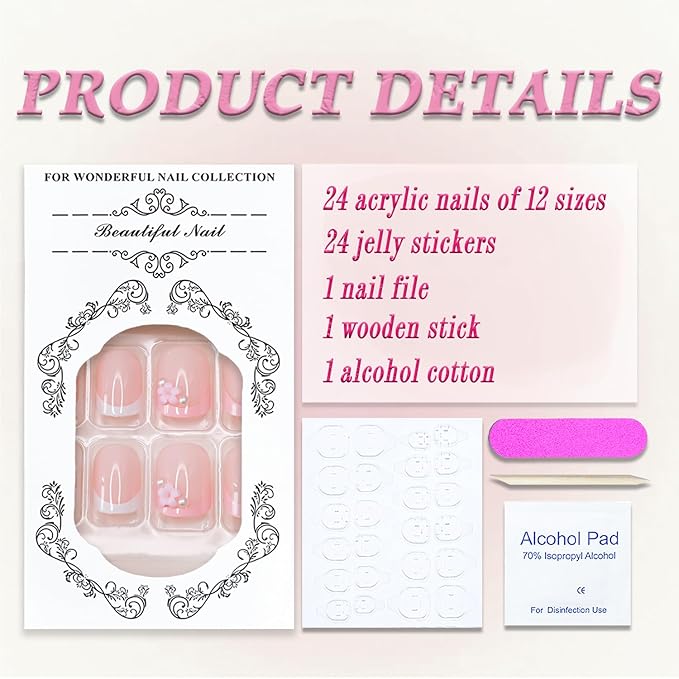 French Tip Press on Nails Short Square MABKJLF White&Pink Flower Fake Nails Bow False Nails with Pearls Rhinestones Designs Glossy Glue on Nails Acrylic Nails for Women Girls 24Pcs