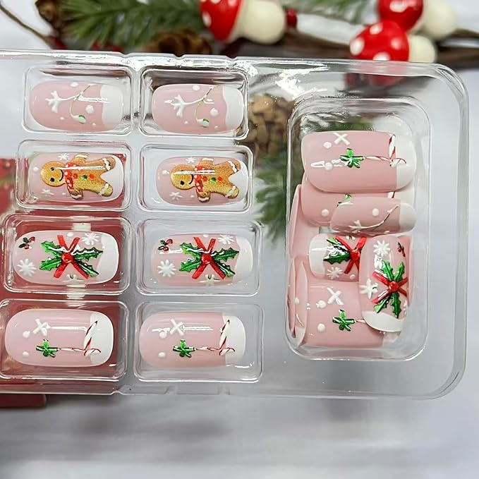 Christmas Press on Nails Short Oval Fake Nails with Snowflake Holly Gingerbread Man Designs White French Tip Xmas False Nail Winter Glossy Stick on Nail for Women 24 Pcs