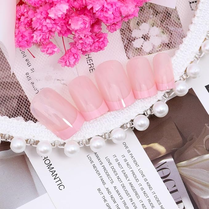 24Pcs Short Press on Nails Square Fake Nails Pink Press ons French Tip Glue on Nails Glossy Full Cover Cute Acrylic Nails Short Coffin False Nails Reusable Artificial Stick on Nails for Women Manicure