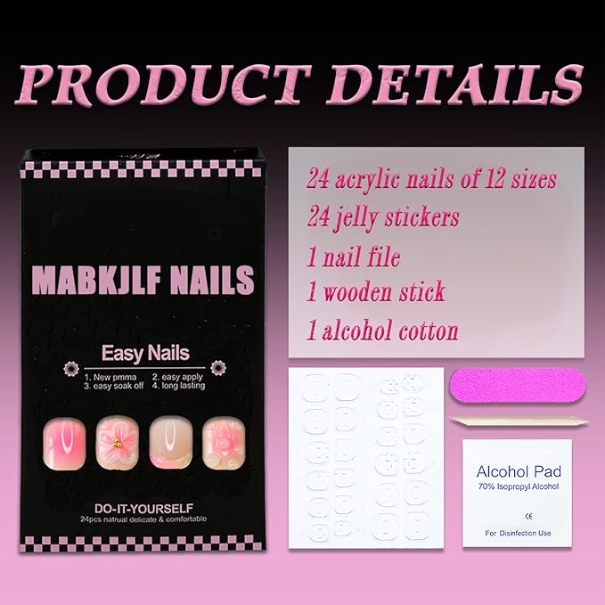 3D Short Square Press on Nails French Tip Fake Nails Pink&Yellow False Nails with Flower Water Drop Designs Glossy Glue on Nails Floral Stick on Nail for Women Girls 24Pcs