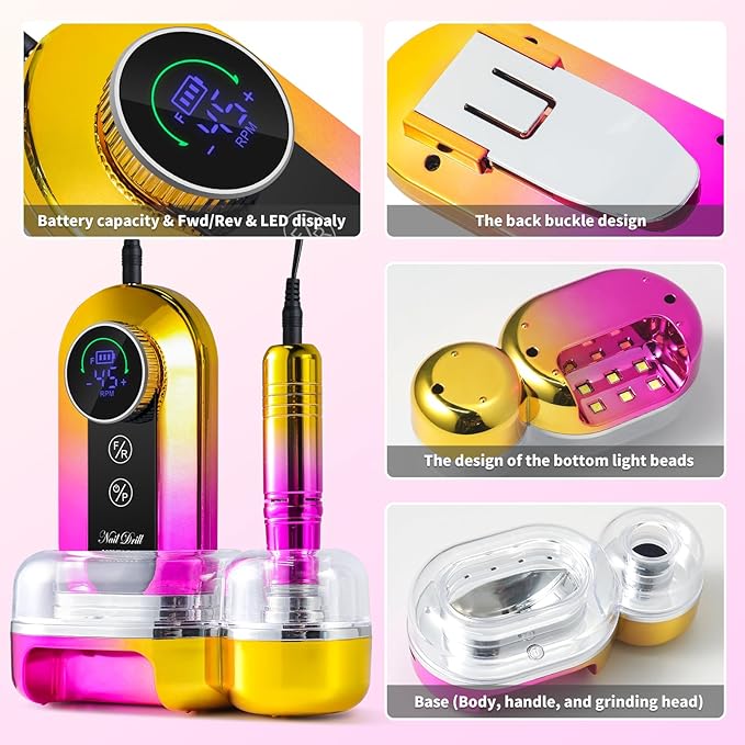Professional Electric Nail Drill Kits 45000RPM Gradient Gold Portable Cordless 3-in-1 Nail File Machine with Rechargeable Stand and Nail Lamp for Acrylic Gel Polish Removing Home & Salon Use