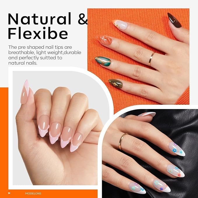 modelones X Nail Gel Kit Almond, Upgrade 15Sizes Fake Nails, 9-in-One Glue Dehydrator & Mini U V Light Clipper, 510Pcs Medium Almond Press on Tips for Extension DIY Salon Home Gift