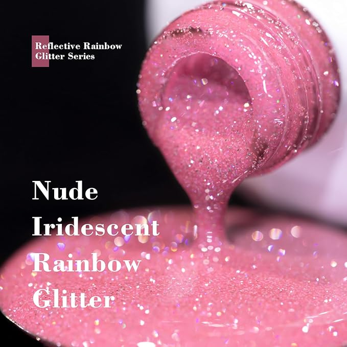 RARJSM Reflective Glitter Gel Nail Polish Nude Hot Pink Sheer Jelly Gel Polish Flash Diamond Sparkle Rainbow Silver Shimmer Pigments Soak off Curing Requires 15ml Single Bottle for Home Salon