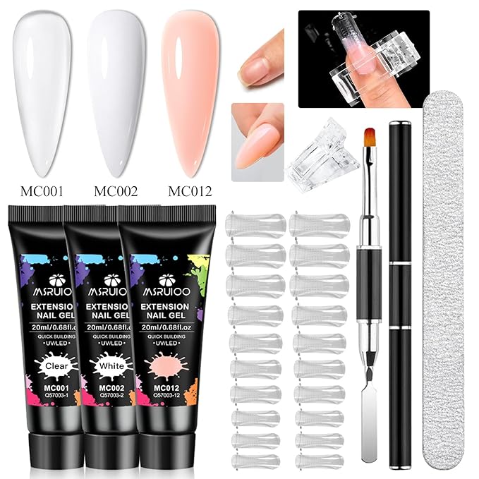 Poly Nail Gel Kit, 7PCS Clear White Pink Builder Nail Starter Kit De Polygel Para Uñas Completo with Dual Nail forms, Nail Clips for Polygel