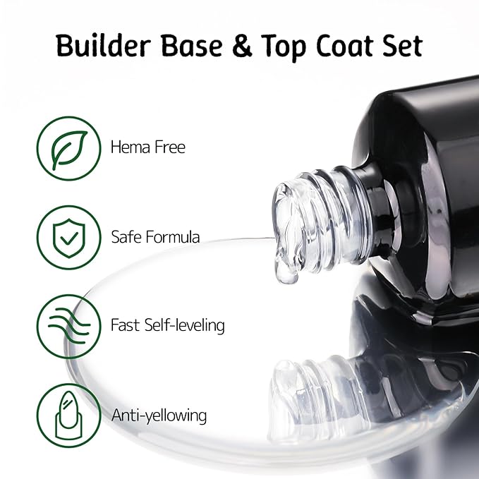 6-in-1 Builder Base and Top Coat Set for Nails, Soft Crystal Clear Nail Gel Polish with Brush on, No Wipe High Glass Long Lasting Chip Scratch Resistant Home DIY Salon Manicure (U V Cure)