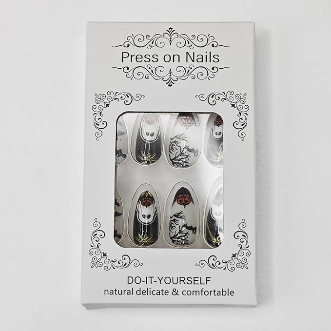 Halloween Ghost Press on Nails,Medium Almond Fake Nails,Halloween Ghost Bat Pumpkin Designs False Nails,Gold Glitter Press on Nails,Stick on Nails for Women Girls Halloween Manicure 24Pcs
