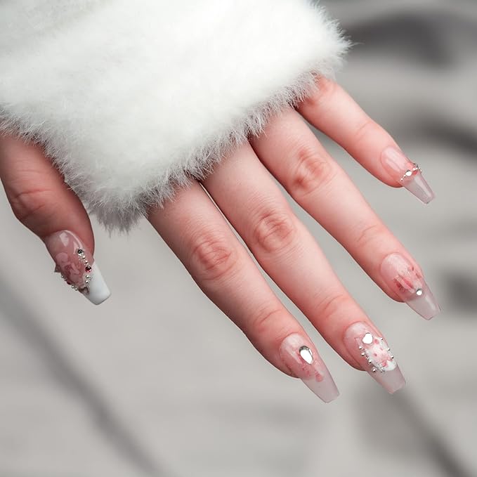 Sun&Beam Nails Handmade Long Coffin Ballerina Pink False Nail Tips with Cute 3D Diamond Popular Charm Design Press On Nails 10 Pcs (#72 S)