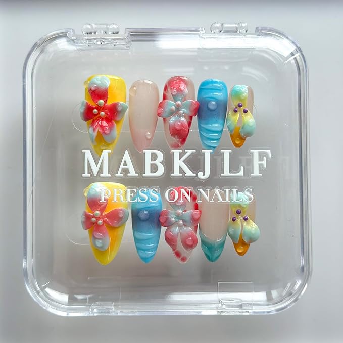 Luxury Press on Nails Medium Almond Handmade 3D Unique Reusable ABS Material Fake Nails French Tip False Nails with Designs Water Drop Flower Summer Glossy Glue on Nail Thick Acrylic Nail(M)
