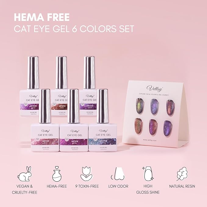 vettsy Magnetic Gel Nail Polish Set with Magnet, 6 Colors Cat Eyes Gel Polish Kit with Cat Eyes Effect for DIY Nail Art Manicure at Home (Meteor)