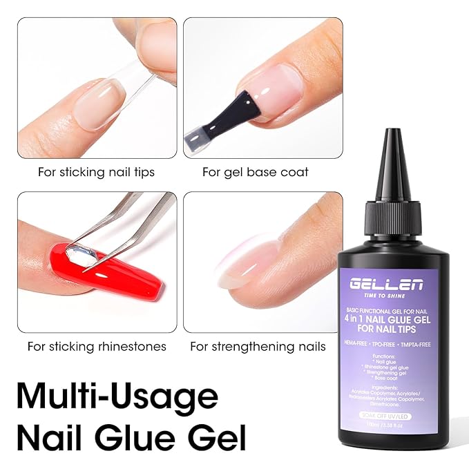GELLEN Professional 4 in 1 Gel Nail Glue Refill 100ml – Long-lasting Strong Adhesive NailGlue Gel, HEMA TPO TMPTA 3-Free Acrylic Nail Tips Glue for Salon Use, Need U V Light Cured