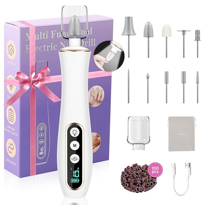4 Pack Professional Nail Drill Kit – 10 Interchangeable Heads & 100 Sanding Bands for All Nail Types, White