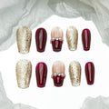 Sun&Beam Nails Handmade Press-on Medium Long Coffin Ballerina Red Green White New Year Pearl Sweet Design Fashion False Nail Tips 10 Pcs Set (#192 XS)