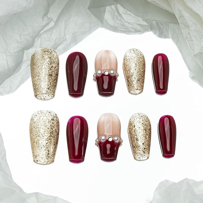 Sun&Beam Nails Handmade Press-on Medium Long Coffin Ballerina Red Green White New Year Pearl Sweet Design Fashion False Nail Tips 10 Pcs Set (#192 L)