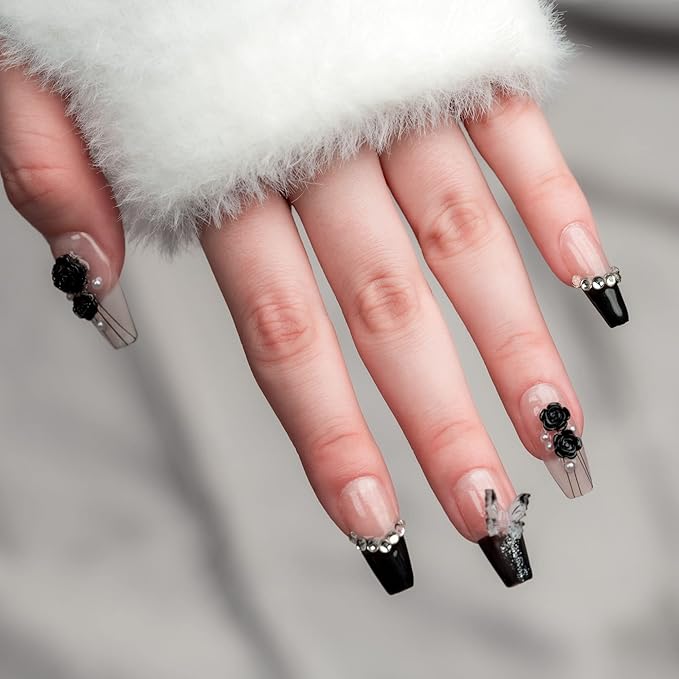 Sun&Beam Nails Handmade Long Coffin Ballerina Nude False Nail Tips with Cute 3D Black Flower Butterfly Diamond Popular Charm Design Press On Nails 10 Pcs (#69 XS) (FN-HM-069-XS.AU)