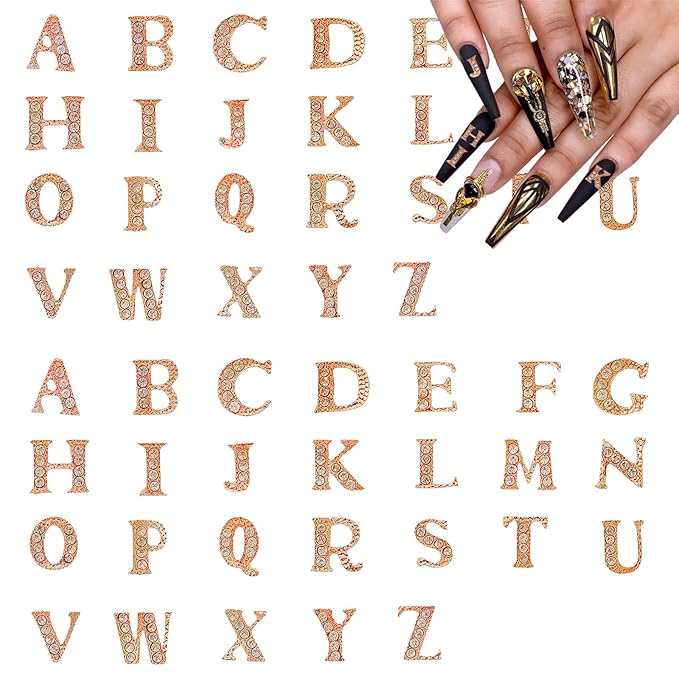 52 Pcs 3D Rose Gold Nail Charms Letters Initial Charms for Nails Nail Letter Charms Alphabet Rhinestone Letter Nail Charms for Nail Art Design Decoration DIY Craft