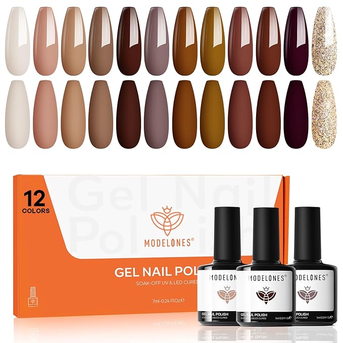 modelones Gel Nail Polish Set, 12 Colors Winter Neutral Nude Brown Gold Glitter Gel Polish Tawny Cinnamon Burdundy Maroon Classic Collection for All Skin Tones LED Nail Art Salon DIY Gift