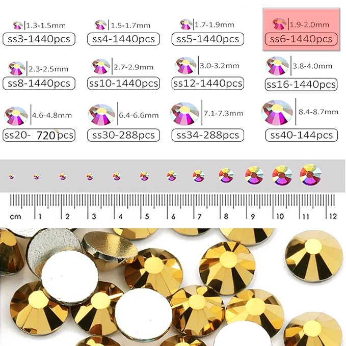 Dowarm 1440 Pieces SS6 Flatback Rhinestones, 2MM Mini Flatback Nail Crystal Rhinestones for Craft Nails Dance Costumes, Flat Back Nail Crystals, Non Hotfix Rhinestones (SS6 / 2MM, Bright Gold)