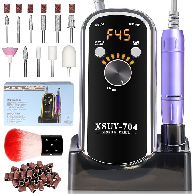 Professional Electric Nail Drill Kit 45000RPM with Bits and Base Purple Portable Rechargeable Cordless Nail E- File Machine for Acrylic Gel Powder Nails and Manicure Pedicure Toenail Tool Set