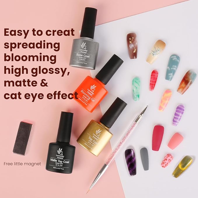 Lavender Violets 26-Piece Gel Nail Polish Set: Pink, Red, Grey Blue and Glitter Green Colors with 4 Bottles of Glossy & Matte Top Coat, Blooming Gel, and Base Coat - Nail Art Gifts