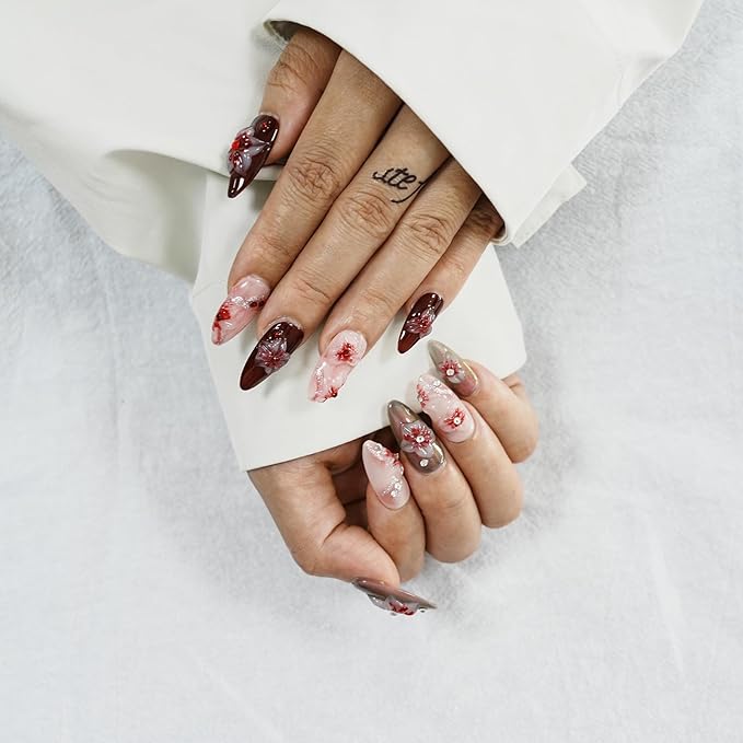 Handmade Floral Press on Nails - Medium Almond 3D Embossed Rhinestones & Red Ombre, Thick Acrylic Gel Nails for Parties, Valentine's Day (Evil Flower,L)