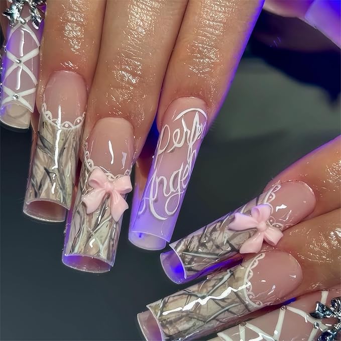Square Press on Nails Extra Long Fake Nails French Tip Ombre Acrylic False Nails with Charms Bow Designs Long Glue on Nail Marble Artificial Nails Glossy Stick on Nail for Women