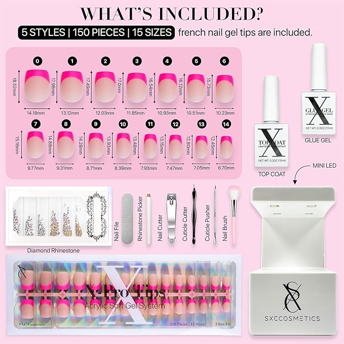 SXC Cosmetics X-Pro Tips French Tip Press On Nails - Bright Pastel Glow in the Dark Series (GLOW113KIT-XS Square)