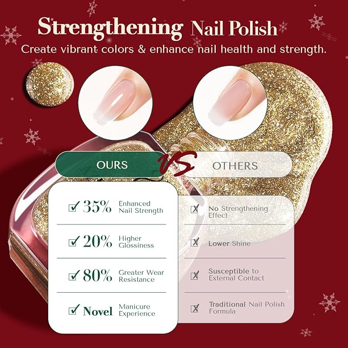 AZUREBEAUTY Nail Polish Set, 4 Colors Christmas Glitter Red Green Gold Silver Quick Dry Natural Fingernail Lacquer Strengthening Treatment Kit with Top Coat DIY Salon at Home