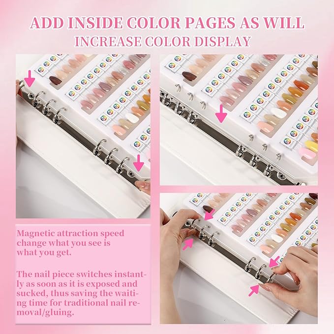 ANGNYA Magnetic Nail Swatch Book, 144 Nail Color Book Leather Nail Sample Display Book with144 Magnetic Tips & 1-240 Number Labels, Perfect for Professional Salon Nail Art Color Chart & Practice Stand