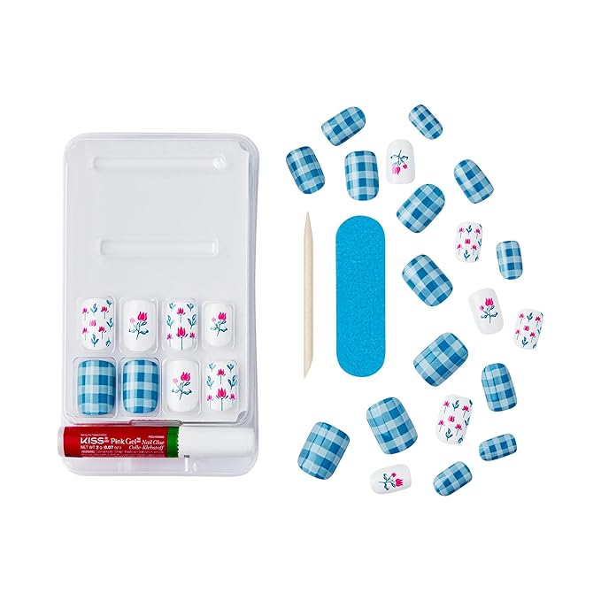 WICKED X KISS Press On Nails, ‘Marvelous Munchkinland’, Blue, Short Squoval, Waterproof, Chip Proof, Smudge Proof, 28 Fake Nails, Pink Gel Nail Glue (2g), Mini Nail File, & Manicure Stick