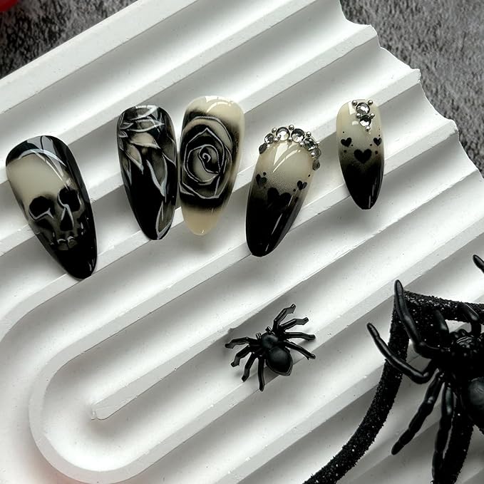 Stiletto Press-on Nails - Goth Fake Nails with Skull & Black Rose Design, Rhinestone Full Cover Acrylic Nails, 24pcs for Women, Girls & Halloween Manicure