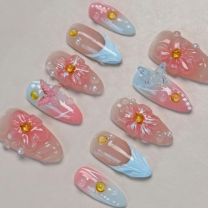 Blue French Press on Nails Handmade Medium Almond Nails with Glue,Nude Fake Nails with 5D Flower Art ＆ Butterfly Charm Design Muti-Layer Gel Handmade Nail Nature False Nails for Wome (Size M)