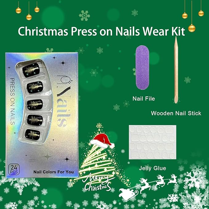 Christmas Press on Nails Short Square Fake Nails with Gold Glitter Christmas Trees Designs Black Xmas False Nail Winter Stick on Nail for Women 24 Pcs
