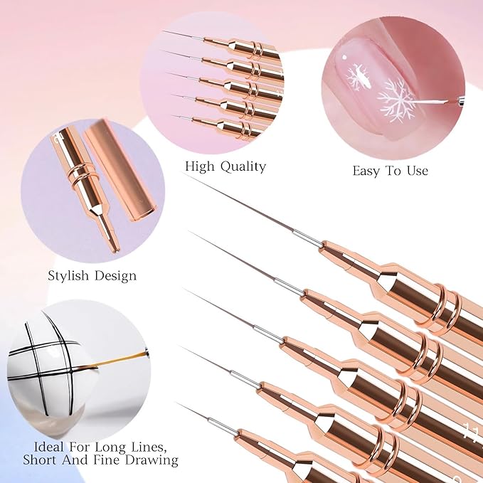 5pcs Nail Art Liner Brushes,Liner Brush For Nails Gel,Painting Art Design Brush Set Nail Dotting Drawing Tool For Long Lines, Thin Details, Fine Drawing Sizes 7/9/11/15/25mm（Rose Golden）