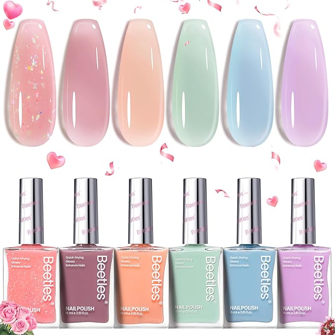 Beetles Jelly Nail Polish Set, 6 Colors Clear Pastel Nail Polish Glitter Pink Dusty Rose Orange Green Blue Purple Long Lasting & Quick Dry Nail Strengthener Polish Gift Sets for Women