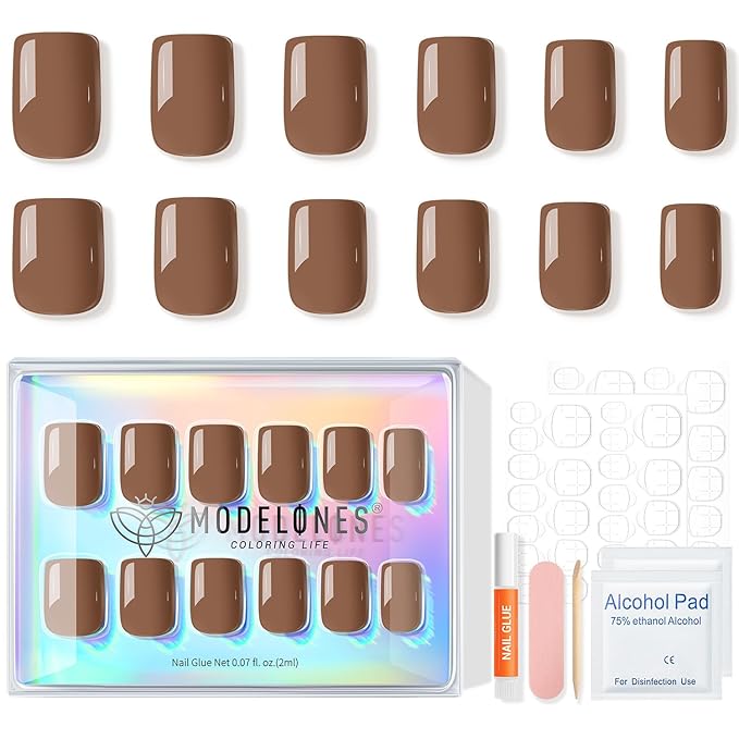 Modelones 32Pcs Brown Press on Nails, Short Square Fake Nails, Reusable Nail Kit with Nail Glue Adhesive Tabs Mini Nail File, Nails Press Ons 16 Sizes