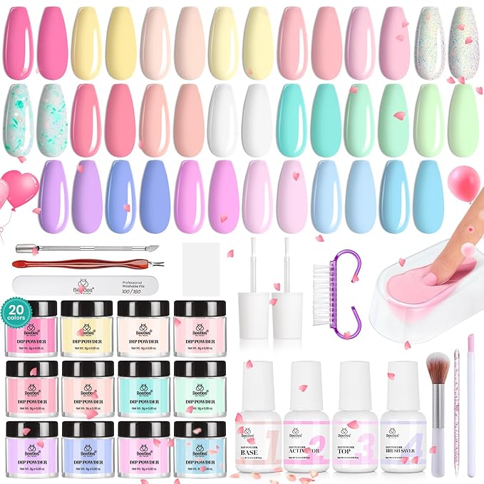 Beetles Dip Powder Nail Starter Kit 20 Colors Pastel Nude Blue Pink Glitter 36pcs Dipping Powder Set for Nail Art with Base Top Coat DIY Salon Complete Accessories Dreamy Town Collection