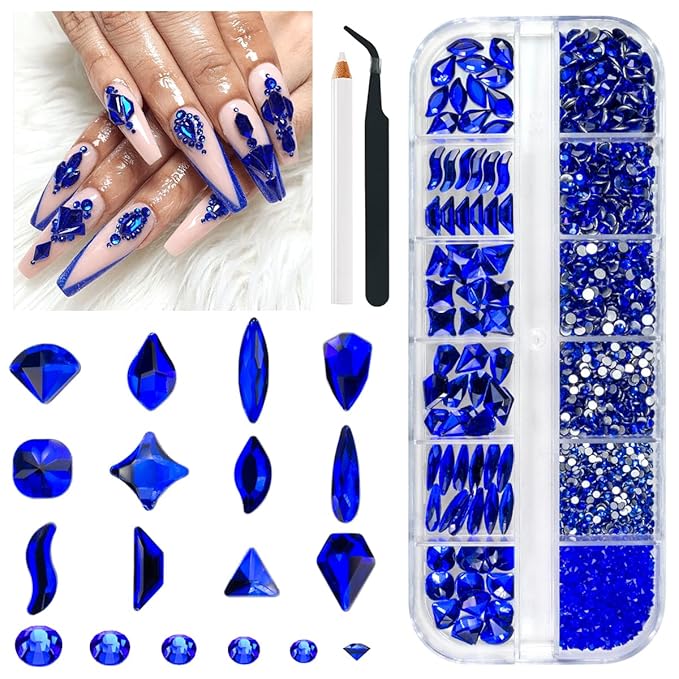 2052Pcs Blue Nail Rhinestones Multi Shapes Sapphire Rhinestones for Nails Flatback Nail Gems K9 Glass Royal Blue Round Beads Stones Diamonds Nail Charms Art for Nails Face Eyes Makeup Crafts
