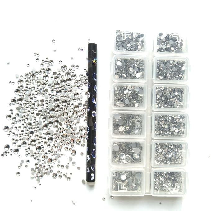G GABRIELMODU 4640pcs Nail Crystals Flatback Rhinestones Clear Glass Charms Gems Stones Diamonds for Nails Crafts DIY Nail Art Decoration with Wax Picker Pencil Mix SS 3 6 8 10 12 16 20 (1.3-4.8) MM