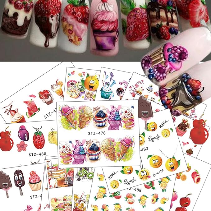 40 Sheets Fruits Nail Art Stickers, Holographic Water Transfer Nail Decals Design, Cake Fruit Ice Cream Nail Sticker Supplies for Women Girls Manicure Tips Charms Decoration Cute Acrylic Nails Decal