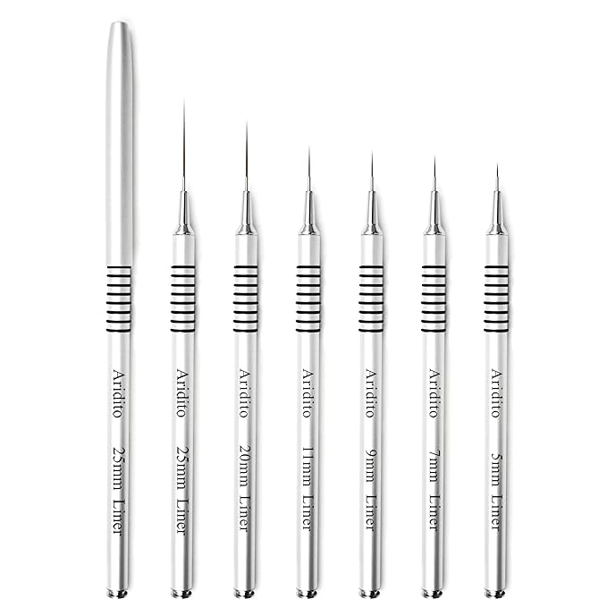 6Pcs Silver Metal Handle Nail Art Liner Brushes Set for Long Lines, Fine Details Painting Gel Nail Brush Drawing Sizes 5/7/9/11/20/25mm