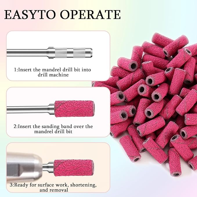 100pcs Nail Drill Bits Small Sanding Bands with 3.1mm Mandrel Bit, 240 Extra Fine Grit Nail File Sanding Bands for Acrylic Nails Gel Removing Shaping Manicures and Pedicure (Rose Red, 240 Grit)