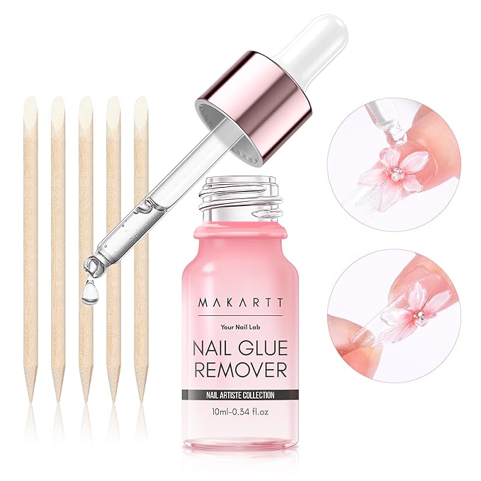 Makartt Hema-Free Nail Glue Remover for Press on Nails, Quick Debonder with 5 wooden sticks, Easy with a Dropper, Updated Formula with Vitamin E, Acetone-free for Fake Nails,Semicure Stickers 10 ml