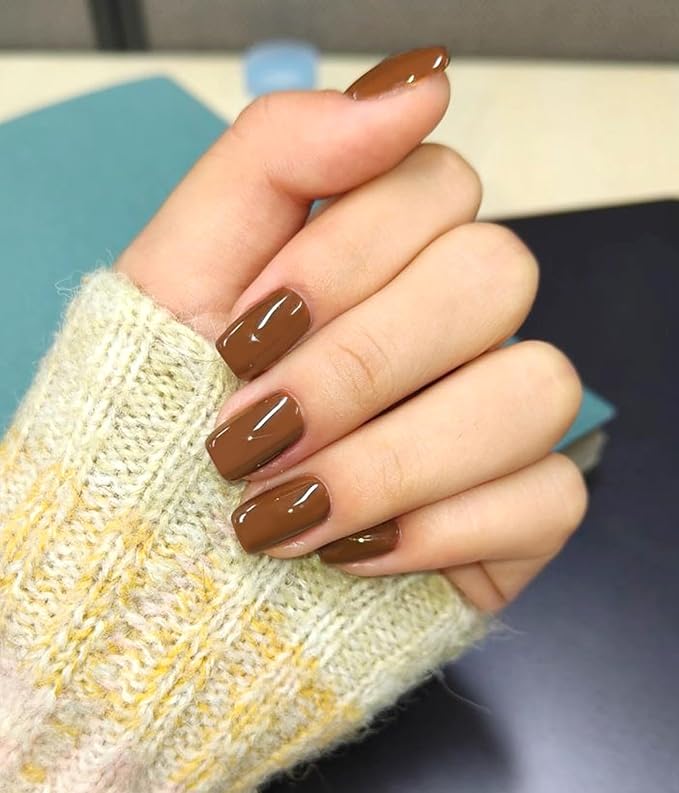 Nail Polish Strips (No UV Lamp Needed) - 22 Pcs Salon Quality Gel Nail Stickers - Long Lasting Wraps (Hazelnut Nutty Brown)