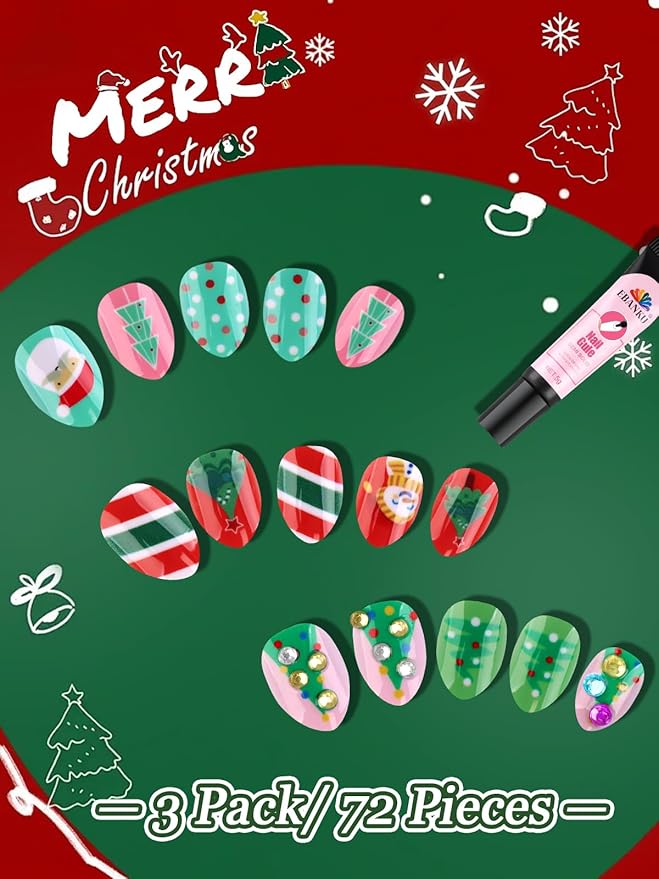 EBANKU Christmas Kid Press on Nails, 72Pcs Almond Fake Nails Kit Full Cover Christmas Tree Design Stick on Nail with Nail Glue for Girl