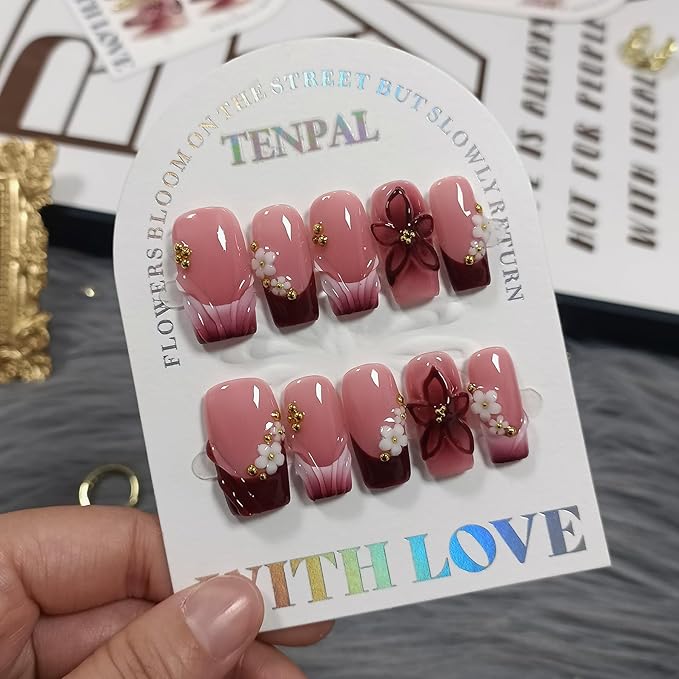 Sweet Cherry Red Press on Nails Medium Long Square - Sheer 3D Floral Pearl Embossed Glossy False Nails for Women Fall Winter Party-Acrylic Handmade French Tips Fake Nails for Makeup(M)