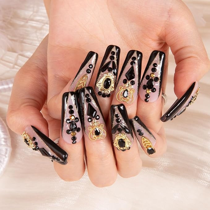 LOVFUL Press on Nails Obsidian Palace Black French Tip | Handmade with Full Covered Crystals | Reusable Full Cover Nails | Coffin Classic Regular 1.3 in | H165-M